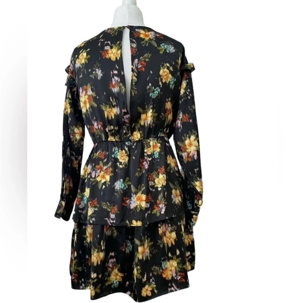 Zara Black Floral Ruffle‎ Mini Long Sleeves Dress Size XS - Picture 6 of 16